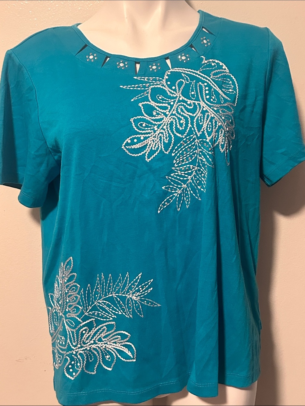 Alfred Dunner Teal Short-Sleeve Embroidered Top